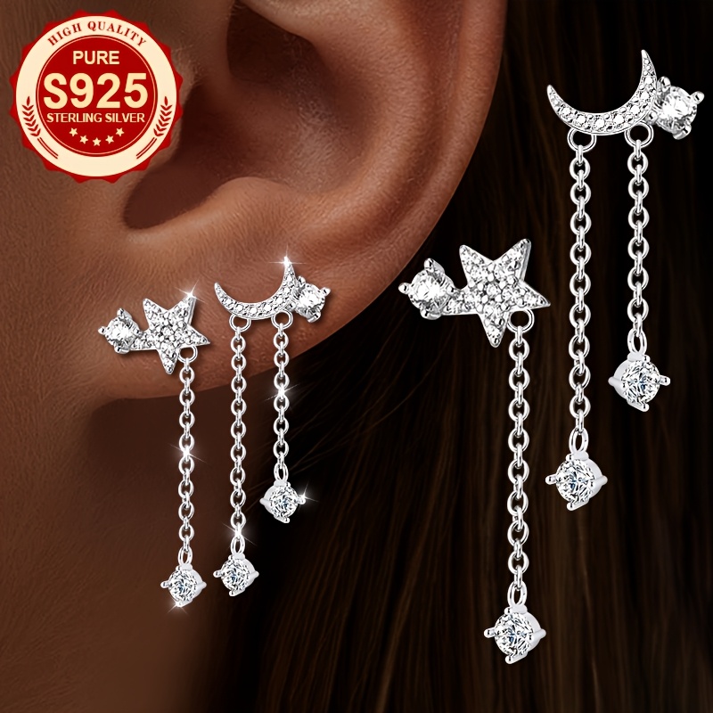 Women's S925 Silver Star & Moon Tassel Stud Earrings